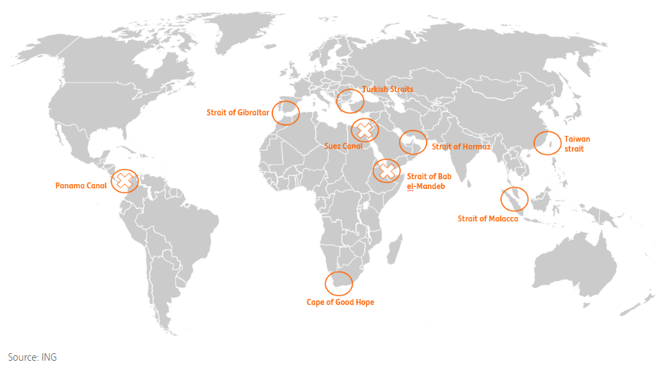 Three of the world’s key maritime choke points currently face disruption