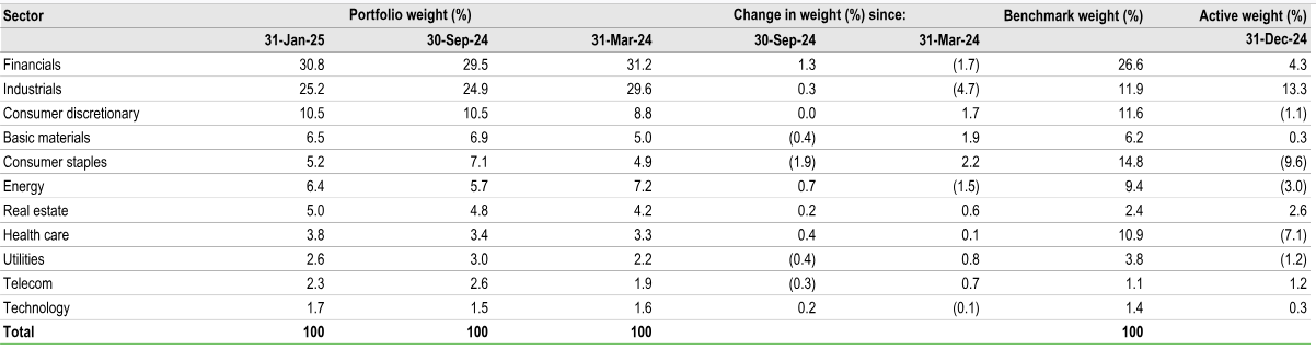 Sector positioning at 31 January 2025